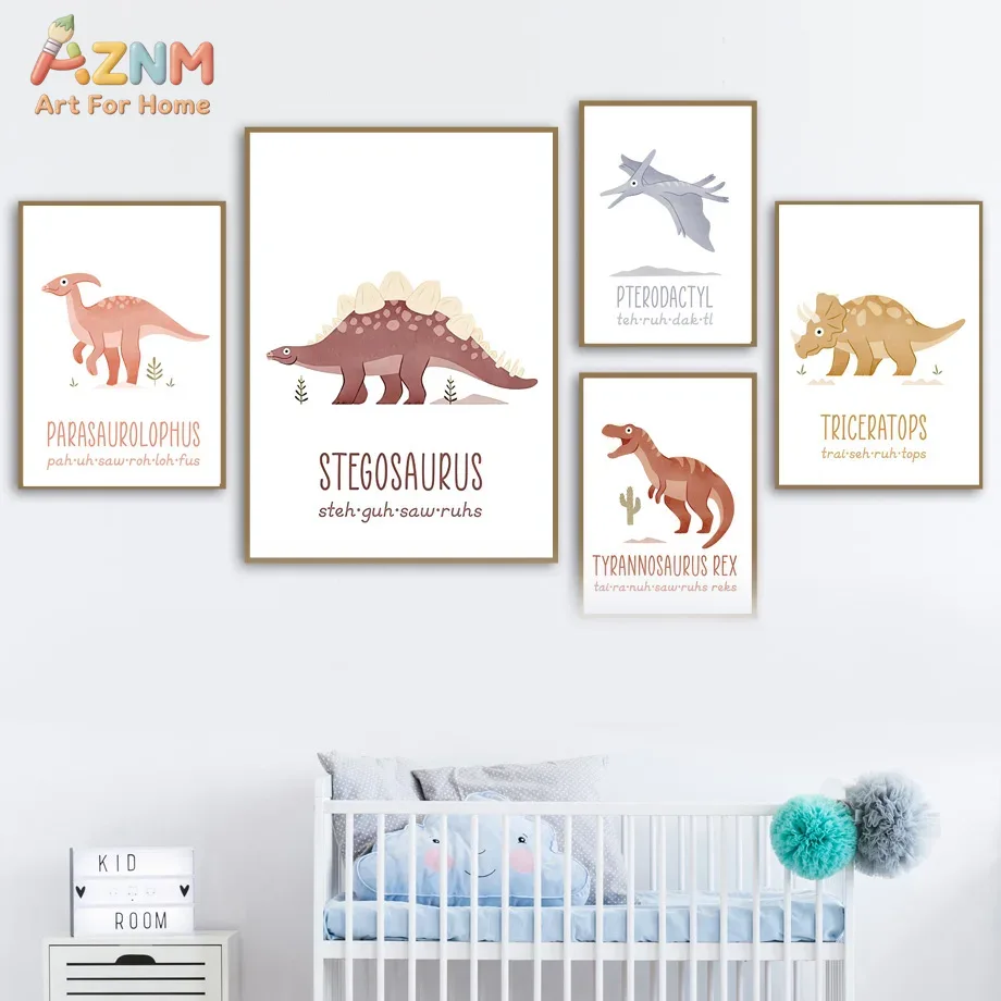 Kids Education Nursery - AZNM Niedliche Aquarell-Dinosaurier-Leinwandbilder, Lehrreiche Dinosaurier-Namen-Aussprache-Poster für
