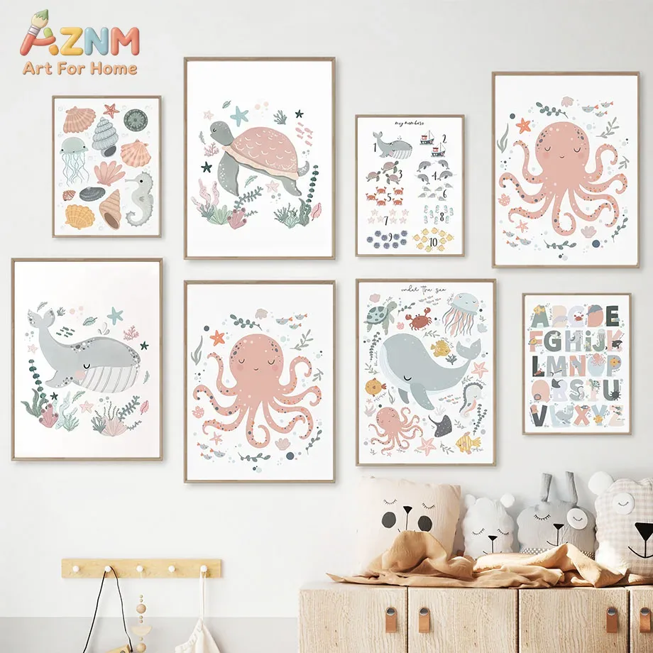 Kids Education Nursery - AZNM Kinderzimmer-Wandkunst mit Meerestieren, Leinwanddruck mit
